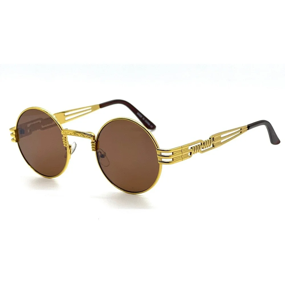 Round Steampunk Sunglasses Gold Frame Brown‎ Lens Designer Style Street Hip Hop